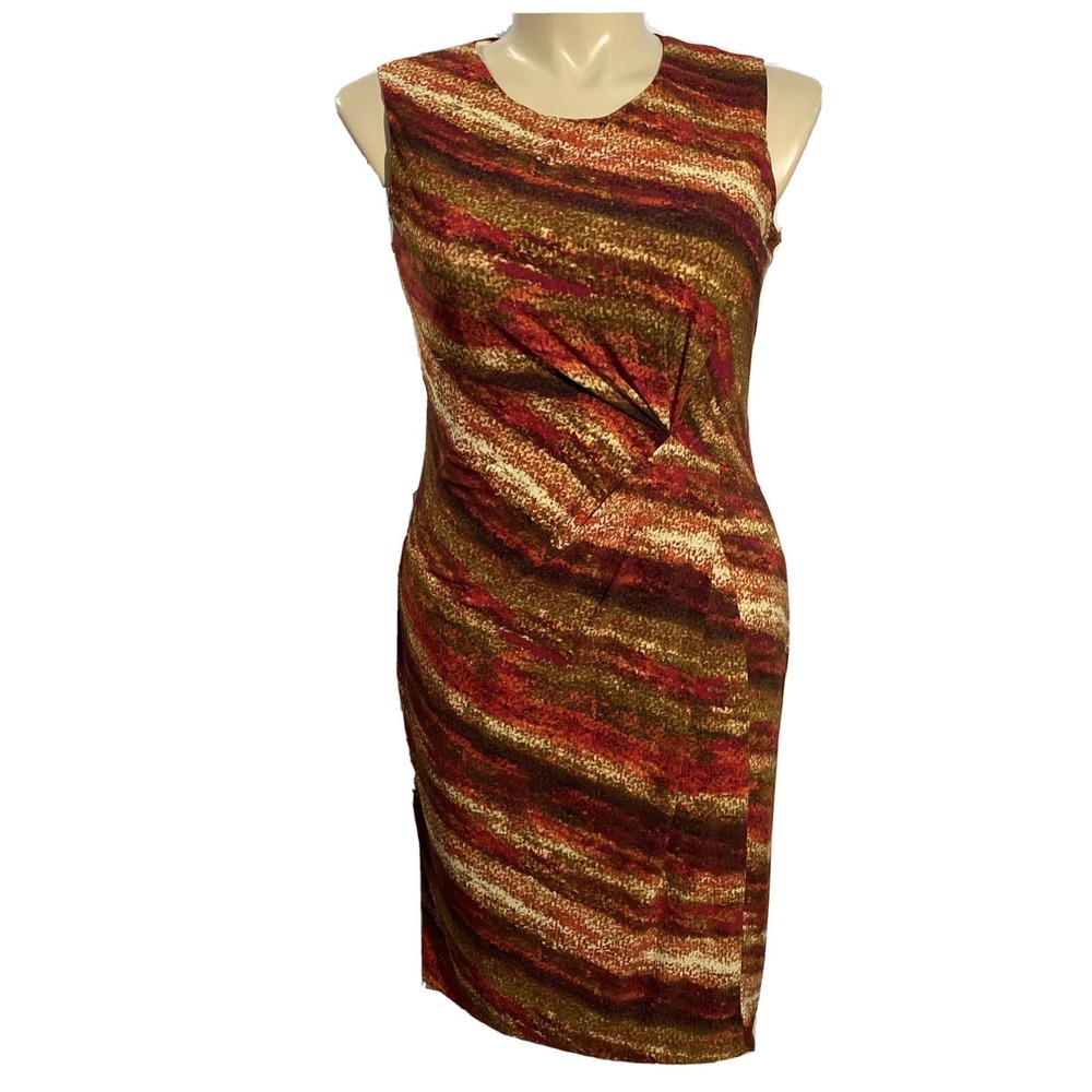 Jones Wear Dress 12 Neutral‎ Tan Red Jersey Knit Slimming Twist Stretch Career